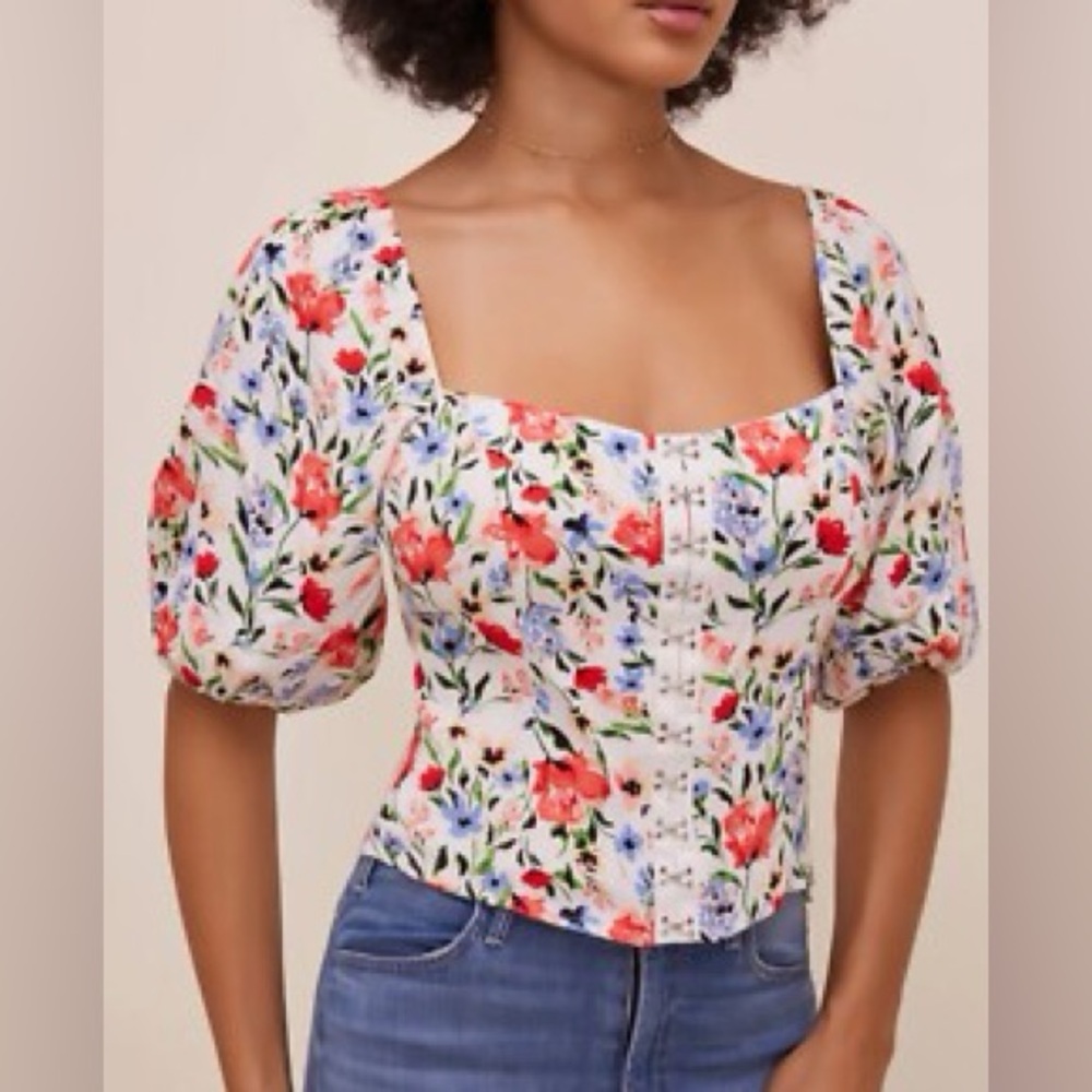 ASTR The Label Sz M Floral Hook Cottagecore Linen Blend Blouse